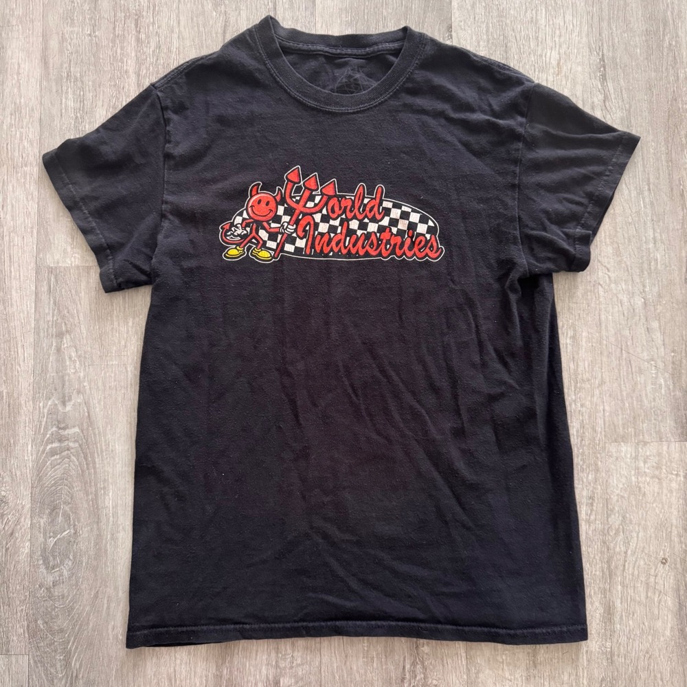 World Industries Devil Skate T-Shirt Black Mens Small Graphic Tee Checkered